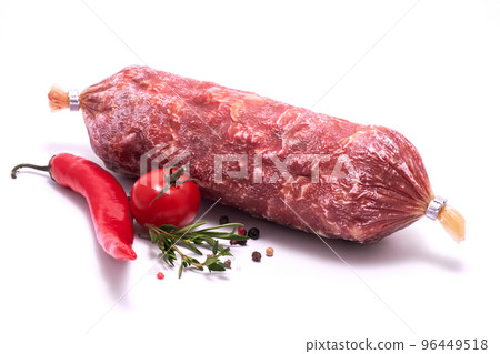 Smoked dry Salami sausage isolated on white background Smoked dry Salami sausage isolated on white background 96449518