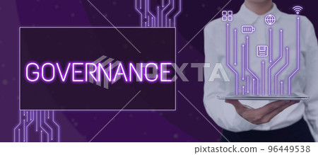 Conceptual caption Governance. Business approach exercised in handling an economic situation in a nation 96449538