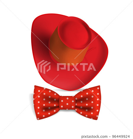 Vector 3D realistic cowboy red hat with bow tie and shadow isolated on white background. Vector 3D realistic cowboy red hat with bow tie and shadow isolated on white background. 96449924