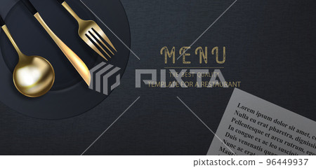 Realistic 3D golden fork, knife and spoon on a black grunge background. Fashionable modern poster for a restaurant. Top view vector illustration. 96449937