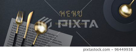 Realistic 3D golden fork, knife and spoon on a black grunge background. Fashionable modern poster for a restaurant. Top view vector illustration. 96449938