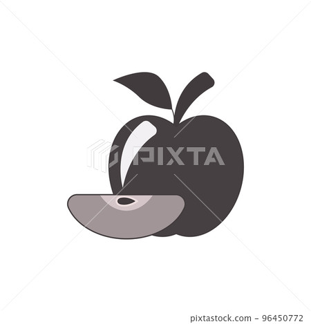 Silhouette apple icon. Whole apple with a slice and seed inside. Fruit with branch and leaf. Vector illustration. 96450772