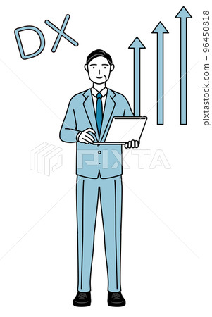 An image of DX conversion, a senior businessman who succeeded in improving business, a simple line drawing illustration of a manager/manager/president 96450818