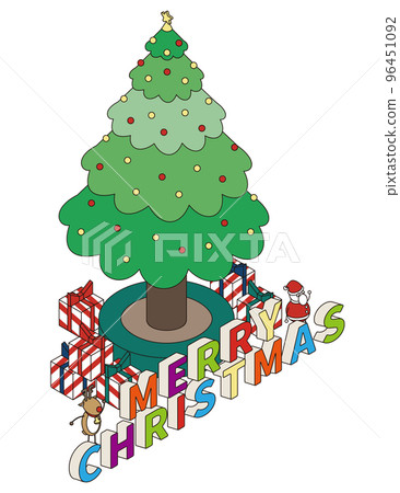 Isometric illustration of santa claus and reindeer under big christmas tree Isometric illustration of santa claus and reindeer under big christmas tree 96451092