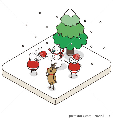 Isometric illustration of Santa Claus and reindeer playing by making a snowman 96451093