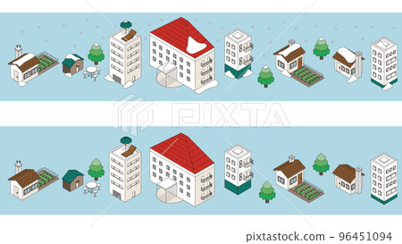 Isometric illustration of a set of buildings (houses where snow accumulates) Isometric illustration of a set of buildings (houses where snow accumulates) 96451094