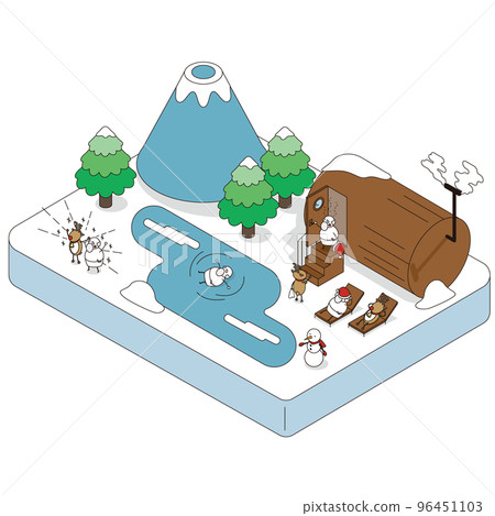 Isometric illustration of Santa and reindeer enjoying a sauna in nature 96451103