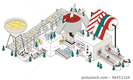 Isometric illustration of busy gift wrapping factory at christmas 96451104