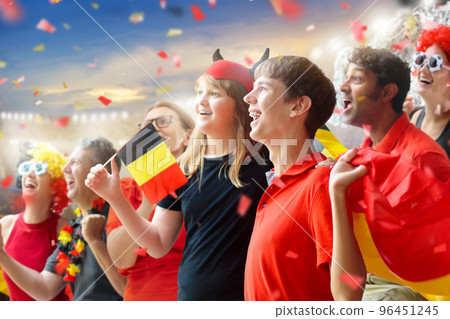 Belgium football fan on stadium. Belgian soccer. 96451245
