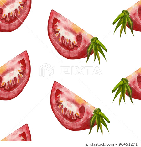 Seamless pattern on a white background. Slices of red tomato hand-painted in watercolor on a white background. Suitable for printing on paper, fabric, kitchen design, scrapbooking and creativity Seamless pattern on a white background. Slices of red tomato hand-painted in watercolor on a white background. Suitable for printing on paper, fabric, kitchen design, scrapbooking and creativity 96451271