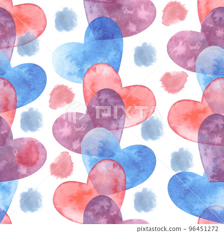 Valentine's day. Seamless pattern on a white background and watercolor hearts, spots and dots hand-drawn in watercolor. Suitable for printing on fabric, wallpaper, postcards and scrapbooking 96451272