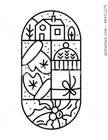 Christmas advent composition snow, gift boxes, hat, house and trees. Hand drawn winter vector constructor logo in two half round frame and rectangles for greeting card Christmas advent composition snow, gift boxes, hat, house and trees. Hand drawn winter vector constructor logo in two half round frame and rectangles for greeting card 96451275