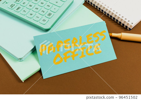 Hand writing sign Paperless Office. Business approach work environment in which the use of paper is eliminated 96451502