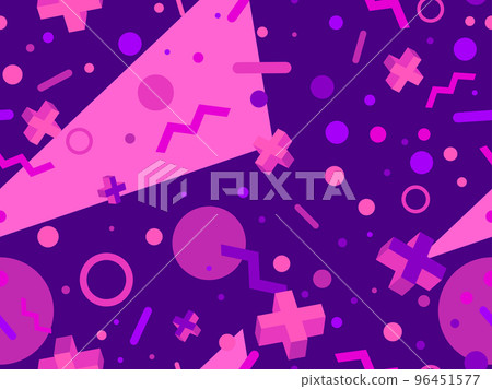 Seamless pattern with geometric shapes in 80s memphis style. Geometric pattern with 3d crosses, triangles and zigzags. Design of promotional products, wrapping and printing. Vector illustration 96451577