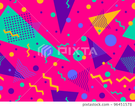 Memphis seamless pattern with geometric shapes in 80s style. Colorful geometric shapes on a blue background. Design of promotional products, wrapping paper and printing. Vector illustration 96451578