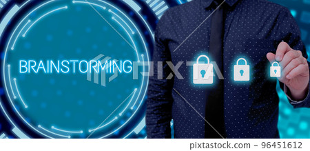 Conceptual display Brain Storming. Business approach Stimulating creative thinking Developing new ideas Discussion 96451612