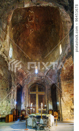 the interior of an ancient Christian cathedral with a cross in the center. the interior of an ancient Christian cathedral with a cross in the center. 96451678