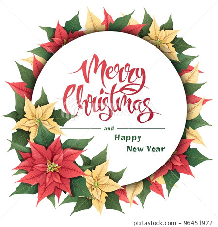 Round frame with red and yellow poinsettia. Christmas background, card, poster with festive floral decor. Vector botanical illustration for New Year and Christmas Round frame with red and yellow poinsettia. Christmas background, card, poster with festive floral decor. Vector botanical illustration for New Year and Christmas 96451972