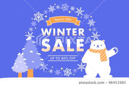 Winter special event frame with circular snowflakes, polar bears and trees_blue Winter special event frame with circular snowflakes, polar bears and trees_blue 96451985