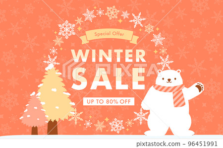 帶有圓形雪花、北極熊和樹木的冬季溫暖事件框架_暖色 96451991