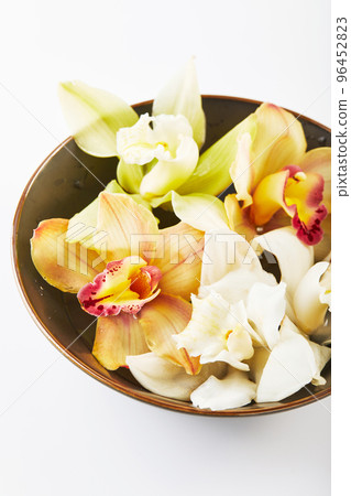Cymbidium orchid flowers in water indark bowl on white background Cymbidium orchid flowers in water indark bowl on white background 96452823