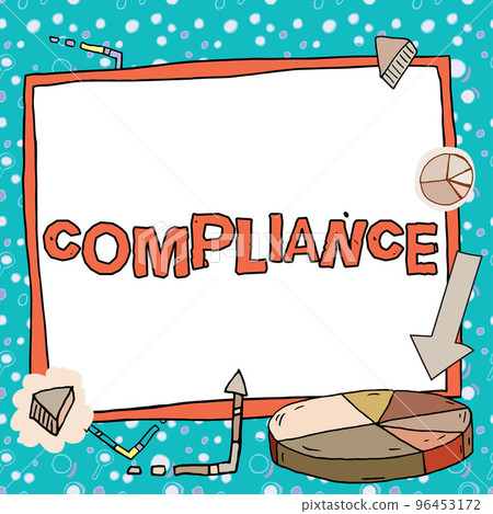Writing displaying text Compliance. Business concept the action or fact of complying with a wish or commands Writing displaying text Compliance. Business concept the action or fact of complying with a wish or commands 96453172