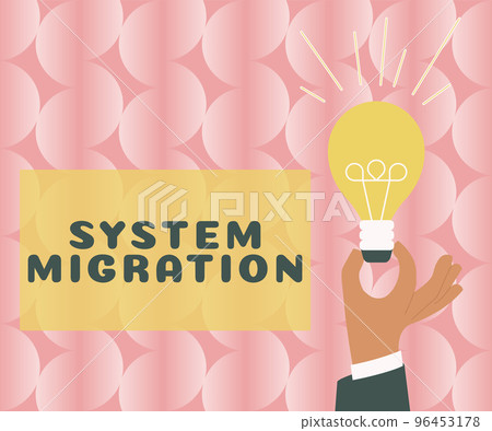 Text caption presenting System Migration. Business idea moving from the use of one operating environment to another 96453178