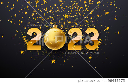 Happy New Year 2023 Illustration with Gold Ornamental Ball and Falling Confetti on Black Background. Vector Christmas Holiday Season Design for Flyer, Greeting Card, Banner, Celebration Poster, Party 96453275