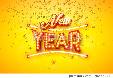 Happy New Year 2023 Illustration with Glowing Neon Light and Marquee Bulb Lettering on Yellow Background. Vector Christmas Holiday Season Design for Flyer, Greeting Card, Banner, Celebration Poster 96453277