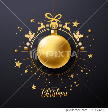 Merry Christmas and Happy New Year Illustration with Gold Glass Ball, Star and Golden Typography Elements on Black Background. Vector Holiday Season Design for Greeting Card, Party Invitation or Promo 96453293
