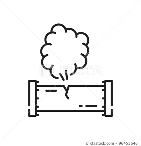 Corrosion rusty through valve tube steam gas leak pipeline isolated outline icon. Vector pressure and leakage in factory piping system, engineering failure, plumbing maintenance and repair 96453646