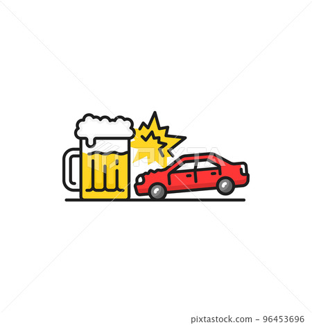Drunk driver, isolated crashed car into beer glass line icon. Accident on road due to drive under alcohol, collision or damage of vehicle 96453696