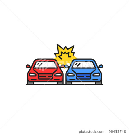 Side collision isolated color line icon. Broadside crash, vector car accident. Distracted driving, breakdown of two vehicles, damaged cars Side collision isolated color line icon. Broadside crash, vector car accident. Distracted driving, breakdown of two vehicles, damaged cars 96453748