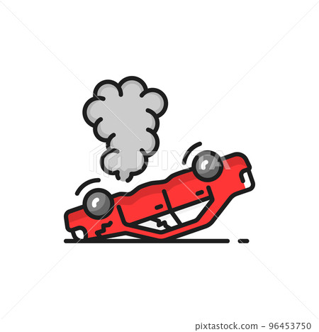 Rollover crash isolated color line icon. Car flipping over onto roof. Head-on collision. Smashup of red vehicle, traffic accident on road Rollover crash isolated color line icon. Car flipping over onto roof. Head-on collision. Smashup of red vehicle, traffic accident on road 96453750