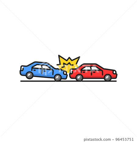 Hitting vehicle from behind vector accident in congested traffic, isolated color line icon. Rear-end collision, two damaged or crashed cars Hitting vehicle from behind vector accident in congested traffic, isolated color line icon. Rear-end collision, two damaged or crashed cars 96453751