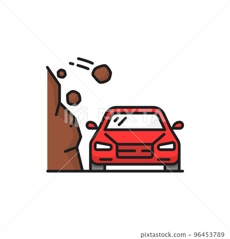 Landslide natural disaster isolated color line icon. Rocks falling on red car, travel road warning sign. Beware of rockfall mountain hill landslide Landslide natural disaster isolated color line icon. Rocks falling on red car, travel road warning sign. Beware of rockfall mountain hill landslide 96453789