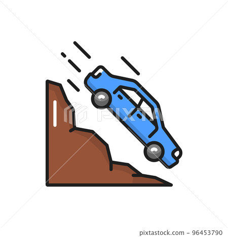 Car falling down from rock or cliff, landslide natural disaster isolated color line icon. Travel road warning sign, automobile falling down from cliff Car falling down from rock or cliff, landslide natural disaster isolated color line icon. Travel road warning sign, automobile falling down from cliff 96453790