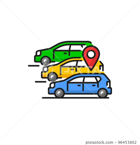 Carpool share service, car location sign on parking. Vector multiple drive and location sign. Carpooling or car-sharing, lift-sharing color linear icon 96453802
