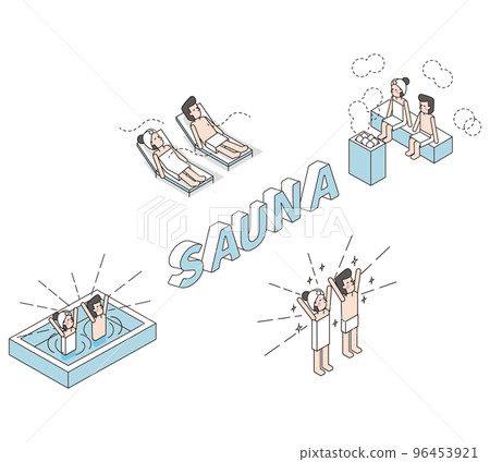 一個男人和一個女人享受桑拿的等距插圖 96453921