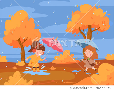 Happy little girls with umbrellas outside in rain flat style, vector illustration 96454030