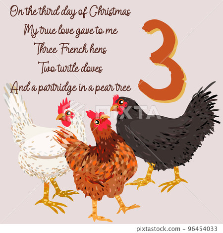 The twelve days of Christmas. Third day. Three french hens. Christmas concept. The twelve days of Christmas. Third day. Three french hens. Christmas concept. 96454033