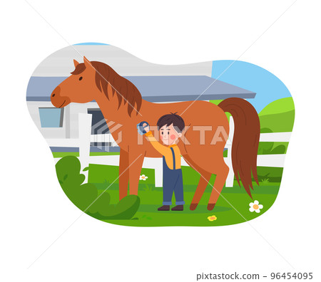 Cute little boy brushing horse on farm, flat vector illustration isolated on white background. 96454095