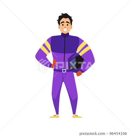 Kart racer in colorful suit and helmet, flat vector illustration isolated. 96454106