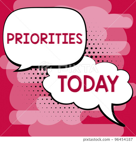 Hand writing sign Priorities. Concept meaning more important is the fact or state of being viewed or handled 96454187