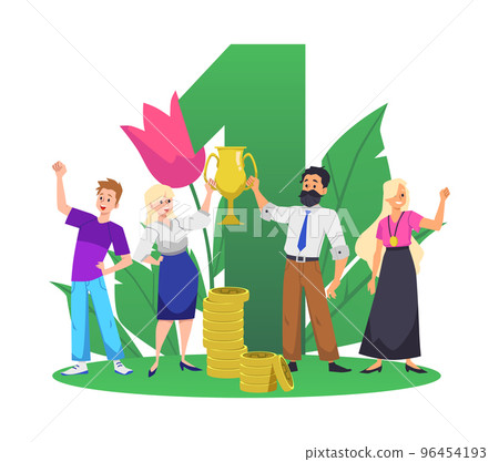 Business team receiving first place prize and money award, flat vector isolated. Business team receiving first place prize and money award, flat vector isolated. 96454193