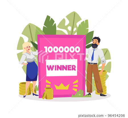 Lucky people with lottery ticket, flat vector illustration isolated on white. Lucky people with lottery ticket, flat vector illustration isolated on white. 96454206
