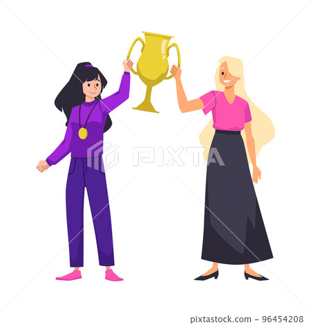 Happy women won golden trophy or cup, teamwork concept - flat vector illustration isolated on white background. Happy women won golden trophy or cup, teamwork concept - flat vector illustration isolated on white background. 96454208