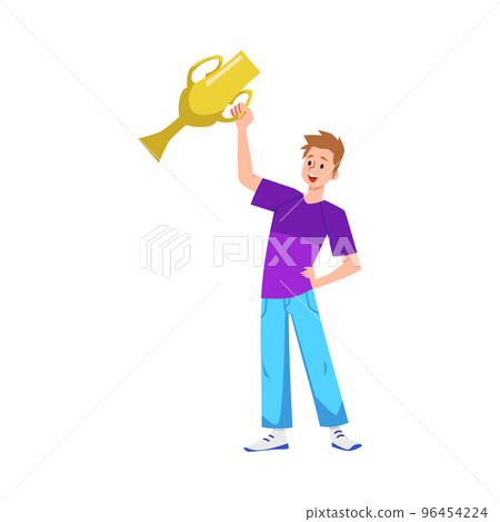 Happy young man was awarded with golden trophy or cup, flat vector illustration isolated on white background. Happy young man was awarded with golden trophy or cup, flat vector illustration isolated on white background. 96454224