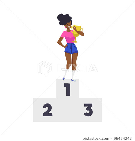 Happy winner woman holds golden cup on first place of pedestal, flat vector illustration isolated on white background. 96454242
