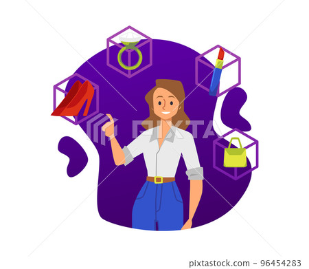 Happy woman shopping in augmented reality, flat vector illustration isolated on white background. 96454283